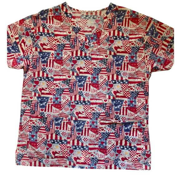 Patriotic Scrub Top With Love & Flags Print - Picture 1 of 9
